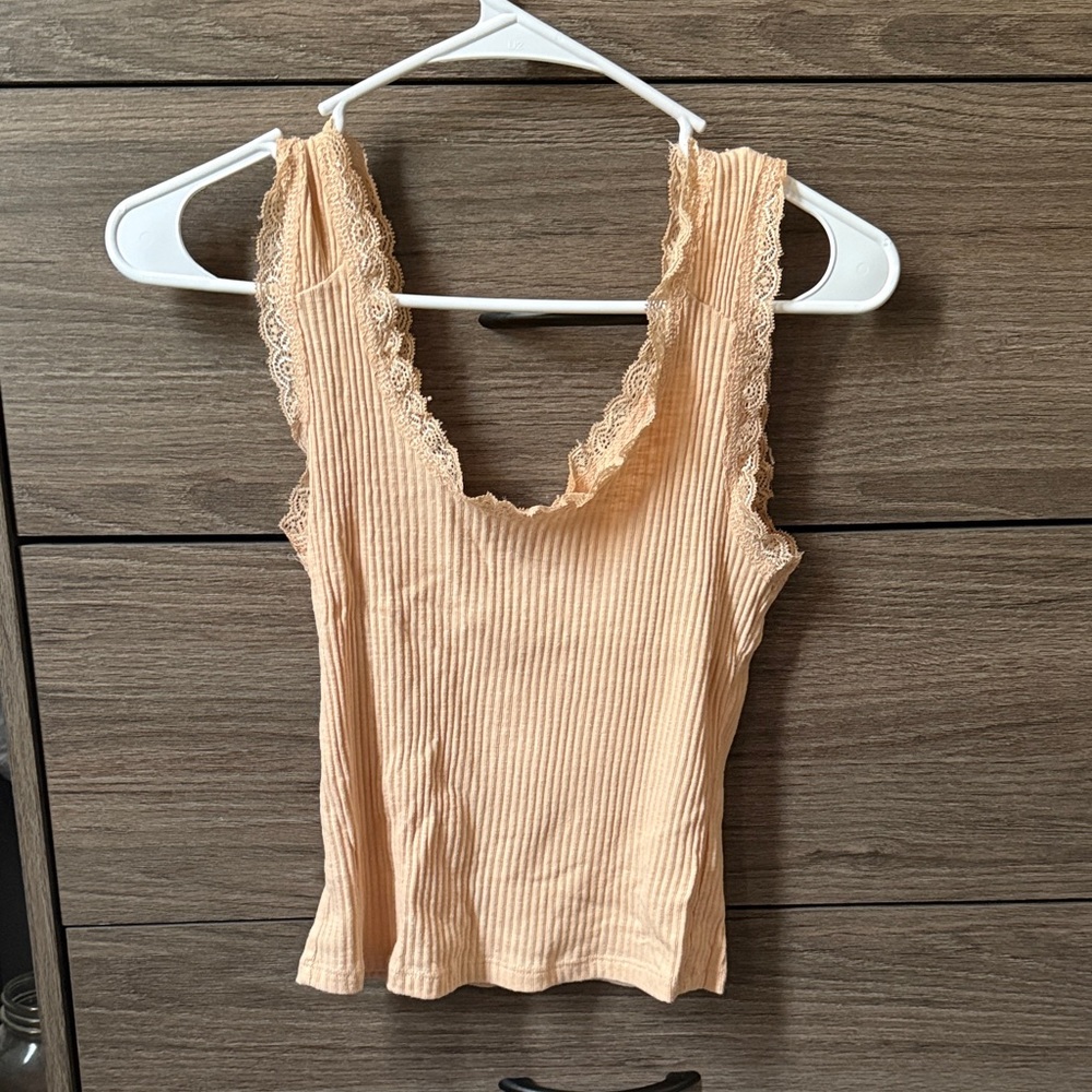 Miss Me Lace Trim Ribbed Peach Tank Top